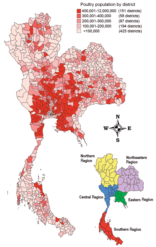 Distribution of poultry population in Thailand in 2003.