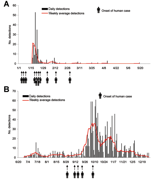 Epidemic curve of the confirmed highly pathogenic avian influenza H5N1 outbreaks in poultry in Thailand by date of notification. A) January–May 2004. B) July–December 2004.