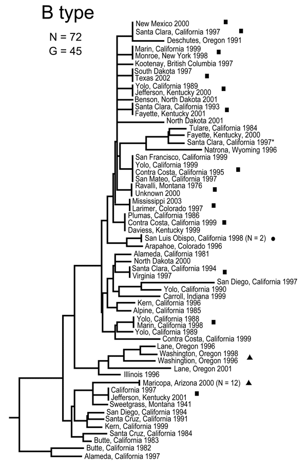 Genetic relationships among 72 North American Francisella tularensis holarctica B type isolates based upon allelic differences at 24 variable number tandem repeat (VNTR) markers. County, state, and year of isolation are specified to the right of each branch or clade. G indicates number of distinct VNTR marker genotypes, squares indicate genetically identical but epidemiologically unlinked isolates, asterisk indicates isolate with an unknown year of isolation, dot indicates a host-linked isolate,