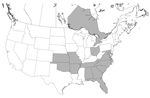 Thumbnail of Distribution of hunt clubs with Trypanosoma cruzi–positive hounds, United States and Canada. States in which hunt clubs or kennels had &gt;1 dog infected with T. cruzi are shaded. A T. cruzi–positive hunt club was also found in Ontario.