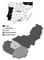 Thumbnail of Upper map, geographic situation of the study population (Granada province) in Spain; lower, distribution of geographic areas in Granada province for the seroprevalence study of anti–Toscana virus immunoglobulin G antibodies.