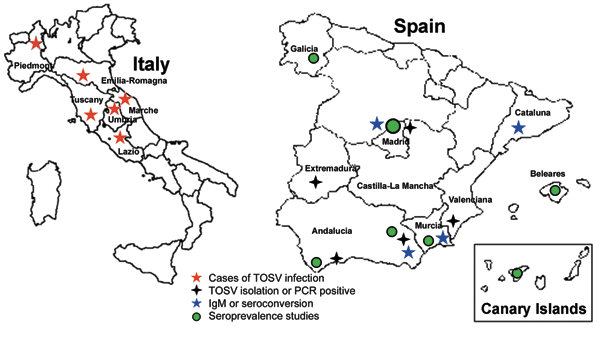 Provinces of Italy and Spain in which clinical cases of Toscana virus (TOSV) infection have been documented, and seroprevalence studies were conducted. PCR, polymerase chain reaction; IgM, immunoglobulin M.