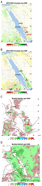 Thumbnail of  Figure A1. Systeme Probatoire pour l'Observation de la Terre vegetation sensor 1 km normalized difference vegetation index (NDVI) anomaly images of the Arabian Peninsula region during June 2000 (A) and June 2005 (B). Data are the percentage deviation from the long-term mean calculated for the period January 1999–June 2005 in NDVI units. A value of zero indicates that current values are identical to the 1998–2005 mean. Rift Valley fever virus was isolated in the Al Qunfuda, Asir, an