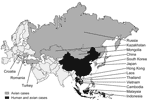 Thumbnail of H5N1 cases in Asia, 2004–2005, among birds (dark gray) and humans (black) (1). A total of 137 laboratory-confirmed cases, including 70 deaths, occurred. This total includes 22 human cases and 14 deaths in Thailand, 93 human cases and 42 deaths in Vietnam, 4 human cases and 4 deaths in Cambodia, 13 human cases and 8 deaths in Indonesia, and 5 human cases and 2 deaths in China (1). A total of 137 laboratory-confirmed cases, including 70 deaths, occurred. This total includes 22 human c
