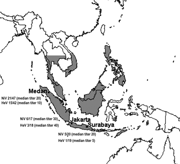 Geographic range of Pteropus vampyrus (5) and proportion of bats whose sera neutralized Nipah virus (NiV) and Hendra virus (HeV) at each location. Numbers are given as the ratio of the number of positive samples to the total number of positive and negative samples (excluding bats in which a toxic reaction precluded a definitive test outcome and bats that had inadequate samples for neutralization testing).