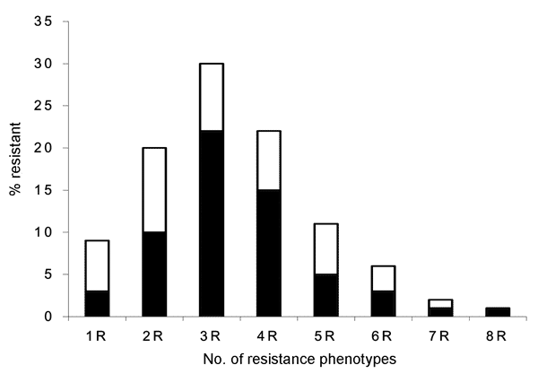 Frequency of resistance phenotypes in 1,080 randomly selected antimicrobial drug–resistant Escherichia coli isolates from 4 urban areas of Bolivia and Peru. Black bars indicate the most frequent resistance and multidrug-resistance phenotype within each category: 1R, TET; 2R, AMP-SXT; 3R, AMP-TET-SXT; 4R, AMP-TET-SXT-CHL; 5R, AMP-TET-SXT-CHL-KAN; 6R, AMP-TET-SXT-CHL-NAL-CIP; 7R, AMP-TET-SXT-CHL-GEN-NAL-CIP; 8R, AMP-TET-SXT-CHL-KAN-GEN-NAL-CIP. AMP, ampicillin; TET, tetracycline; SXT, trimethoprim
