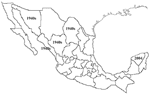Thumbnail of Map of Mexico showing the period and regions where human cases caused by Rickettsia rickettsii were detected.