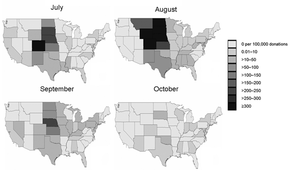 Yield of minipool–nucleic acid testing of blood donors for West Nile virus RNA by state and month, 2003.