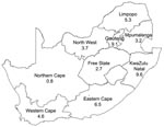 Thumbnail of Map of South Africa with estimated provincial populations in 2002 (45.5 million [m] population). Values in boxes are in millions.