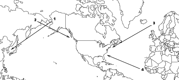 Map of known routes for natural interhemispheric bird movement: route 1, migrants breeding in Alaska and wintering in East Asia; route 2, migrants breeding in East Asia and wintering along the Pacific Coast of North America; route 3, migrants breeding in Iceland or northwestern Europe and wintering along the Atlantic Coast of North America; route 4, vagrants from West Africa carried by tropical storm systems across the Atlantic to eastern North America.