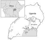 Thumbnail of Location of the study site in southeastern (SE) Uganda. The star indicates the capital of Kampala. Inset shows surrounding countries in Africa.