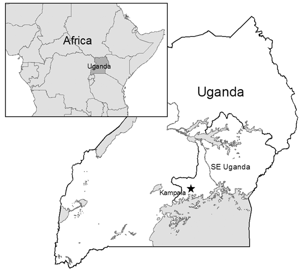 Location of the study site in southeastern (SE) Uganda. The star indicates the capital of Kampala. Inset shows surrounding countries in Africa.