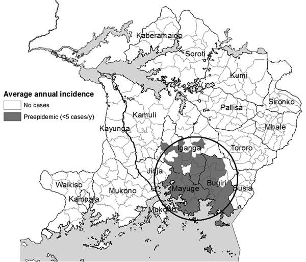 Sleeping sickness incidence, southeastern Uganda, 1970–1975, by subcounty. Circle indicates a significant space-time cluster at the 95% confidence level, as detected by the space-time scan test. See Table for scan test results.