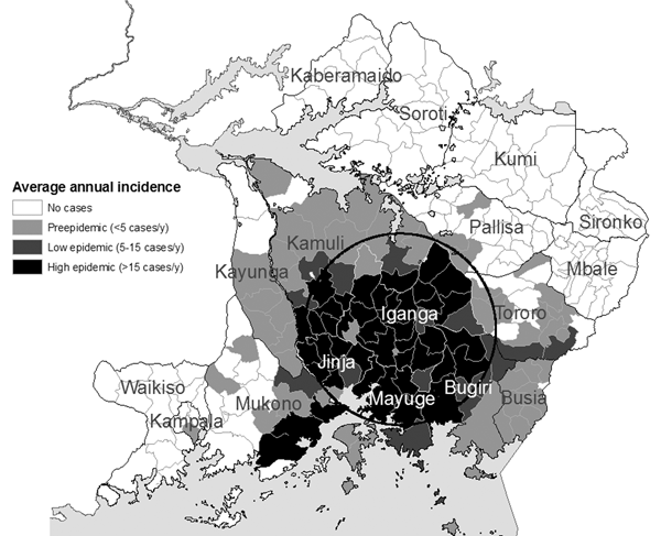 Sleeping sickness incidence, southeastern Uganda, 1980–1988, by subcounty. Circle indicates a significant space-time cluster at the 95% confidence level, as detected by the space-time scan test. See Table for scan test results.