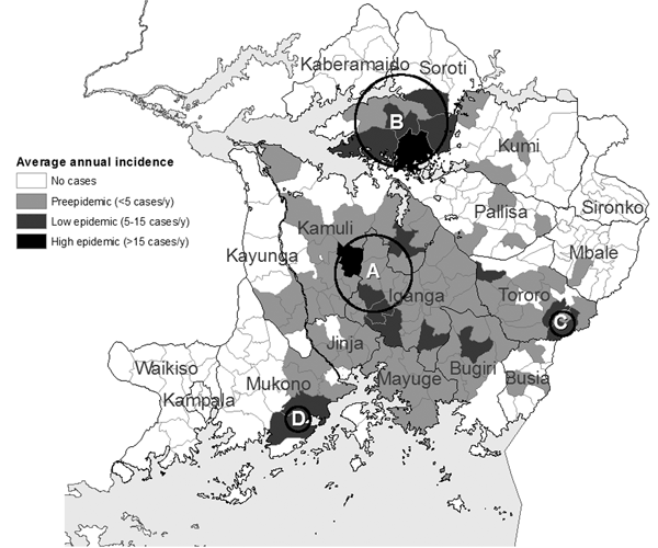 Sleeping sickness incidence in southeastern Uganda, 1998–2003, by subcounty. Circles indicate significant primary (A) and secondary (B, C, and D) space-time clusters at the 95% confidence level, as detected by the space-time scan test. Letters correspond to cluster results in Table. See Table for scan test results.