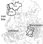 Thumbnail of Location of the 4 local authorities constituting the study area in Northwest England. The populations covered (outlined areas) were Fylde and Wyre (in Lancashire) and Salford and Trafford (within the metropolitan area of Greater Manchester). Gray areas indicate approximate location of built-up areas.