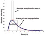 Thumbnail of Functional behavior of IR with time. Although infectivity of an asymptomatic person is constant with time (IR 0.25), infectivity of a symptomatic person changes from infectious presymptomatic (IR 0.25) to early infectious symptomatic (IR 1.0) to late symptomatic (IR 0.375). A symptomatic person with mean state periods as denoted in Figure 2 is shown in gray (asymptomatic with dashed line). Because state periods are different for each person (given by exponential distributions) and h