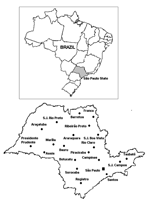 Thumbnail of Map of São Paulo State, Brazil, indicating where fecal specimens were collected during the 8-year survey period.