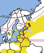 Thumbnail of The known distribution of tickborne encephalitis (TBE)–virus endemic areas and Ixodes ticks in northern Europe. Yellow: TBE-endemic areas, adapted from International Scientific Working Group on Tick-Borne Encephalitis (8). To the south and west from the solid line, Ixodes ricinus distribution; to the east from the dashed line, I. persulcatus distribution; Lpr, Lappeenranta; EST, Estonia; LV, Latvia; LT, Lithuania.