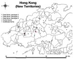 Thumbnail of Map of Hong Kong showing the locations of the 22 infected farms (16 case-control study and 6 nonparticipant farms), 46 control farms, and 78 other unaffected farms active during the 2002 outbreak of highly pathogenic avian influenza A virus (subtype H5N1).