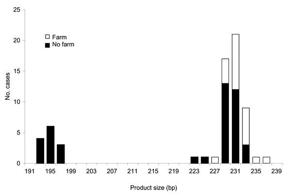 Product size at microsatellite locus ML2 with number of Cryptosporidium parvum case-patients who touched or handled farm animals before onset of illness.