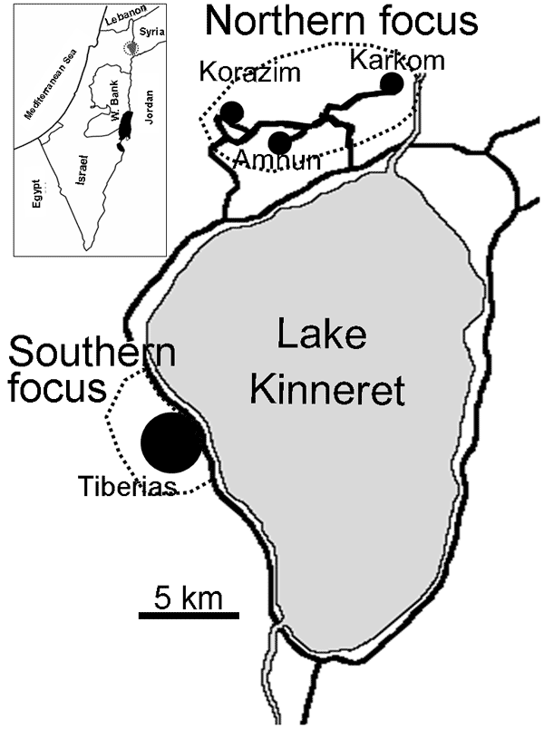 Leishmania tropica foci near Lake Kinneret in the Galilee region of Israel. Inset shows the location of the foci. W. Bank, West Bank.
