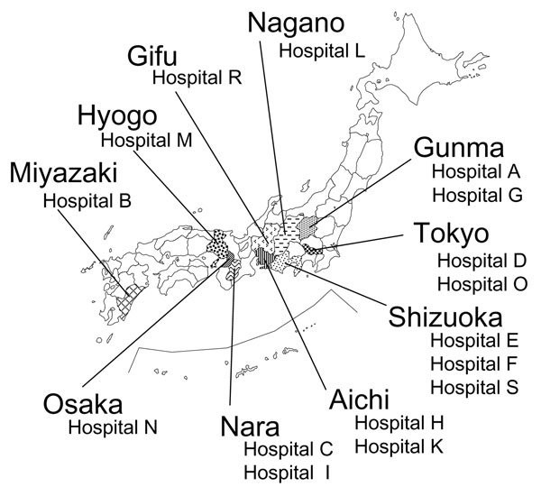Geographic distribution of hospitals where 16S rRNA methylase gene–positive strains were isolated. Of 16 hospitals, 8 were located in the Kanto area (Gunma, Tokyo, Shizuoka, and Nagano), 3 in the Chubu area (Aichi and Gifu), 4 in the Kinki area (Osaka, Nara, and Hyogo), and 1 in the Kyushu area (Miyazaki). This distribution suggests a sparse but diffuse spread of 16S rRNA methylase–producing, gram-negative pathogenic microbes in Japan. Bacterial species and type of 16S rRNA methylase identified in each hospital are shown in Table 3.