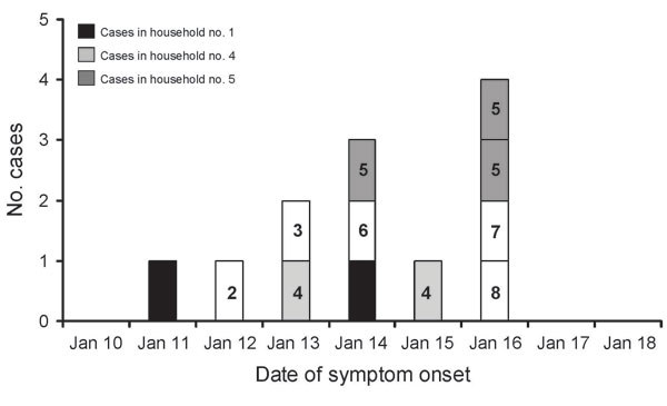 Epidemic curve of Nipah virus outbreak in Goalando, Bangladesh, in 2004, demonstrating household clustering. Households 1 and 4 each had 2 cases, household 5 had 3 cases, and all other households, single cases.