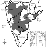 Thumbnail of Southern India, 3 states affected by chikungunya virus (October 2005–March 2006). Gray shading indicates area affected in each state.