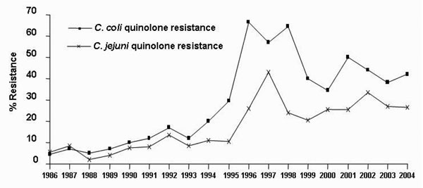 Quinolone resistance of human Campylobacter jejuni and C. coli; France, 1986–2004.