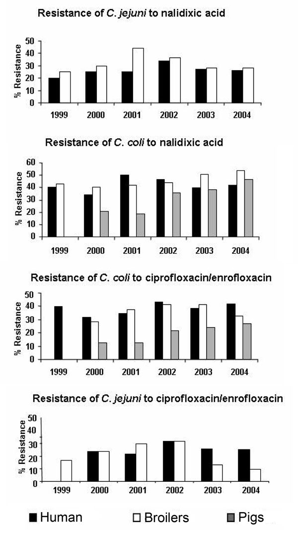 Resistance of Campylobacter jejuni and C. coli to nalidixic acid and ciprofloxacin in humans, broilers, and pigs, France, 1999–2004.