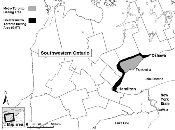 Greater metropolitan Toronto area where rabies vaccine bait doses were distributed during 1989–1999.