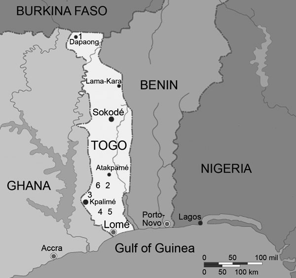 Locations of clinics in Togo involved in the study: 1, Dapaong; 2, Sodo; 3, Kpalimé; 4, Agou; 5, Bethesda; 6, sites of the community study in the Sodo region (adapted from www.maps.com).