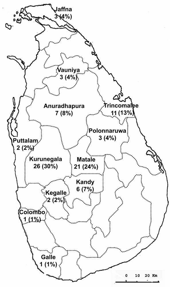 Geographic distribution of persons with cutaneous leishmaniasis in Sri Lanka during June 2001 through June 2005.
