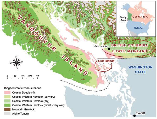 Biogeoclimatic and geopolitical boundaries within British Columbia.