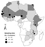 Thumbnail of Locations of sampling sites (or clusters of sites) in surveyed African countries (dark gray) initially participating in the Food and Agriculture Organization’s Technical Cooperation Programs (light and dark gray). All samples were collected from mid-January to early March 2006 (but until May in Tunisia).