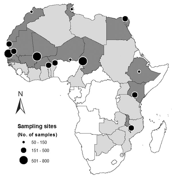 Locations of sampling sites (or clusters of sites) in surveyed African countries (dark gray) initially participating in the Food and Agriculture Organization’s Technical Cooperation Programs (light and dark gray). All samples were collected from mid-January to early March 2006 (but until May in Tunisia).