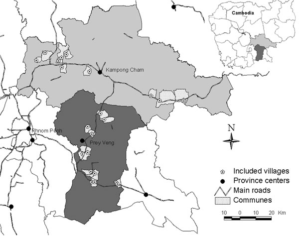 Distribution of selected communes in Kampong Cham and Prey Veng provinces, Cambodia, 2006.