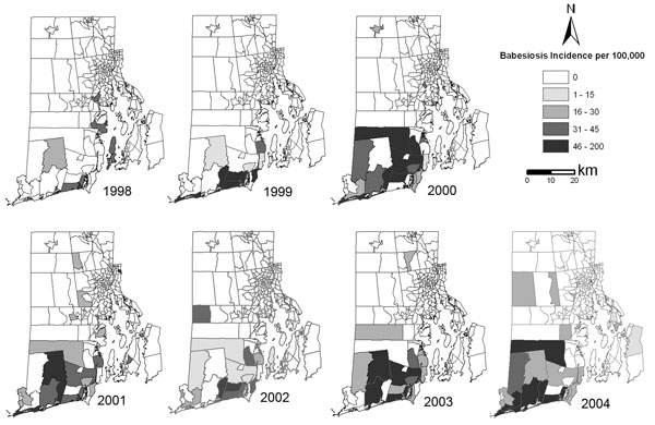 Human babesiosis incidence per census tract, Rhode Island, USA, 1998–2004. Data from Rhode Island Department of Health