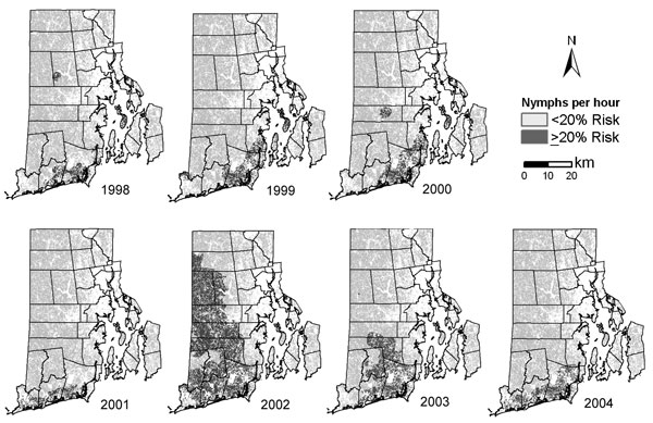 Risk for human case of babesiosis, Rhode Island, USA, derived from simple logistic regression analysis of census tracts with and without babesiosis cases (Figure 1), predicted by average Ixodes scapularis nymphs collected per hour per census tract. The cut-off level for the 2 classes was decided by the number of nymphs collected per hour needed to create a 20% probability of a babesiosis case occurring in a census tract. The continuous nymphal tick abundance surface was modified to subtract area