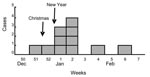 Thumbnail of Distribution of patients with Yersinia enterocolitica 0:9 infection (n = 11) by week of onset, Norway, December 2005—February 2006.