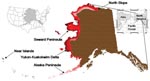 Thumbnail of Composite geographic information system map illustrating the overlap of New World and Old World migration systems among 64 species of waterfowl (family Anatidae) and shorebirds (families Charadriidae and Scolopacidae) in northern and western Alaska (darkness of shade indicates species richness). This overlap between Asiatic and American birds in these families occurs in a zone whose extent is equivalent to a geographic band running from Lake Superior to North Dakota then to Texas and California in the lower 48 US states (left inset).