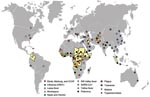 Thumbnail of Geographic distribution of recent emerging or reemerging infectious disease outbreaks and countries affected by conflict, 1990–2006. Countries in yellow were affected by conflict during this period (source: Office for the Coordination of Humanitarian Affairs, World Health Organization, www.reliefweb.int/ocha_ol/onlinehp.html). Symbols indicate outbreaks of emerging or reemerging infectious diseases during this period (source: Epidemic and Pandemic Alert and Response, World Health Organization, www.who.int/csr/en). Circles indicate diseases of viral origin, stars indicate diseases of bacterial origin, and triangles indicate diseases of parasitic origin. CCHF, Crimean-Congo hemorrhagic fever; SARS-CoV, severe acute respiratory syndrome coronavirus.