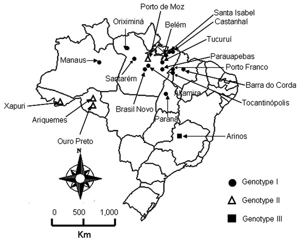 Map of Brazil showing locations where Oropouche fever outbreaks were identified during 2003–2004 and previous locations of this disease.