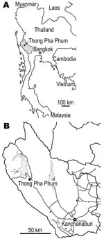 Thumbnail of A) Map of Thailand showing Kanchanaburi Province (shaded area). B) The study area in Thong Pha Phum District (arrow).
