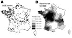 Thumbnail of Location of the 629 bovine spongiform encephalopathy (BSE) cases under study (A) and disease mapping of the relative risk for BSE compared with the average national risk (B). For improved legibility, map B was smoothed using a spatial interpolation of the relative risk for BSE in the delivery areas.