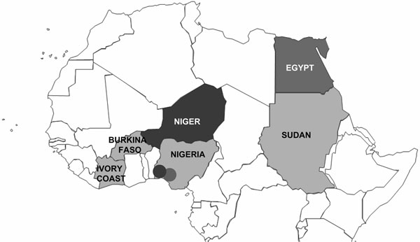 Northern equatorial Africa. Only countries where highly pathogenic avian influenza A (H5N1) sequences from avian species are available are named. Strain similarities are indicated as follows: light gray for countries with cluster I strains, black for countries with cluster II strains, and dark gray for countries with cluster III strains.