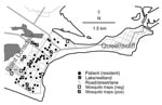 Thumbnail of Map of Point Lonsdale/Queenscliff, Australia (postcode 3225), showing location of houses of affected permanent residents, mosquito traps, and other features mentioned in the text. Not all traps yielded PCR-positive mosquitoes during the trapping period. Neg, negative; pos, positive.