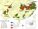 Thumbnail of Regional distribution of schistosomiasis prevalence rates (%) in villages sampled in the second national survey, People's Republic of China, 1995.