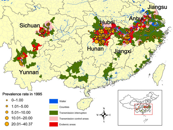Regional distribution of schistosomiasis prevalence rates (%) in villages sampled in the second national survey, People's Republic of China, 1995.